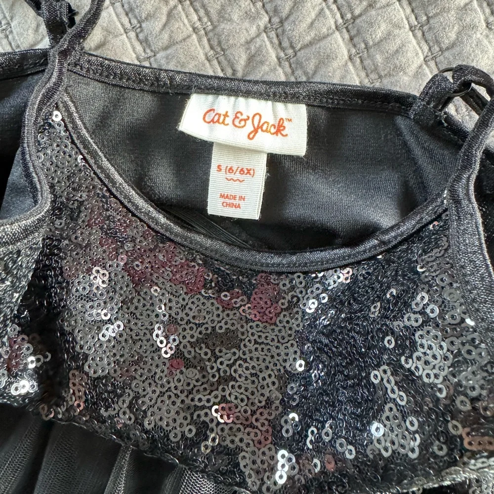 Cat And Jack Long Black Sequin/ Ruffle Dress Size Kids Size 6/6X Runs Large